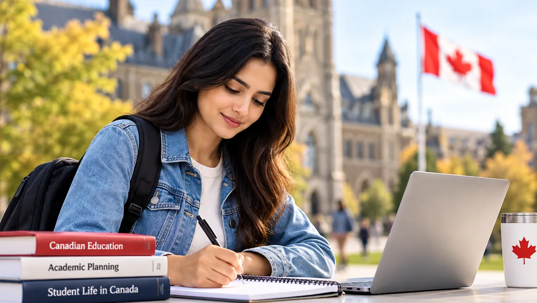 International student studying at a laptop in Canada